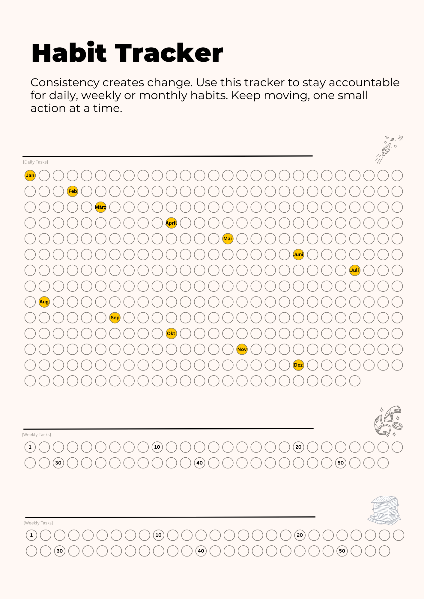 Habit Tracker — Full year daily, weekly, monthly tracking